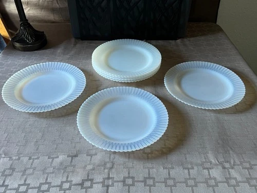 Vintage Milk Glass Dinnerware Set Ribbed Shell Pattern Plates Saucers Dessert