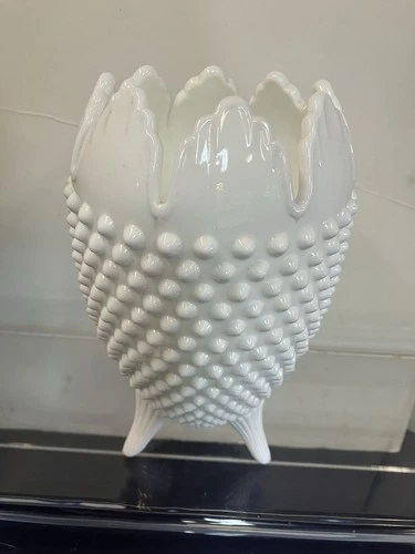 Vintage Fenton Hobnail Milk Glass 3 Toed Large Egg Vase 8 1/2" High