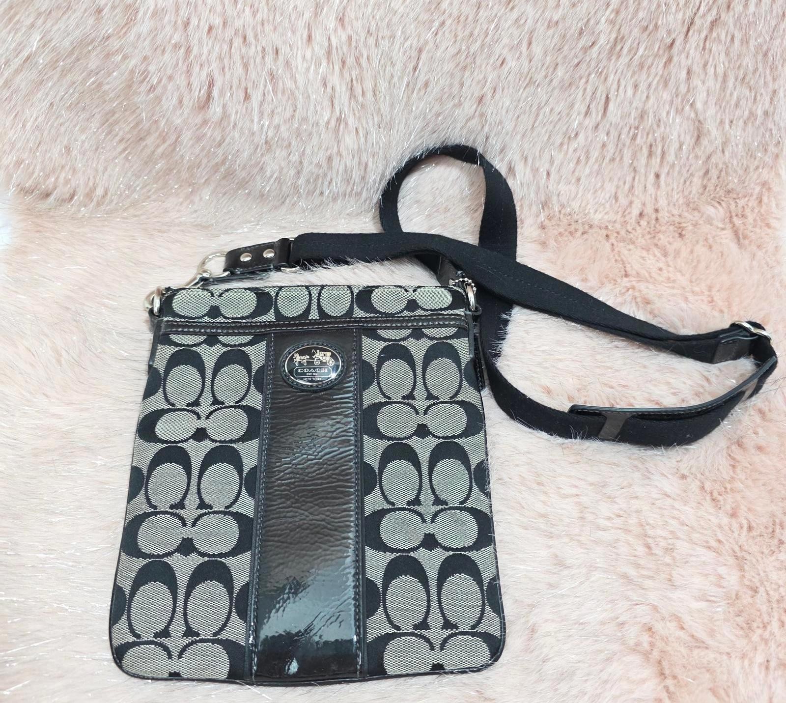 Coach Signature Canvas Crossbody Bag with Black Patent Leather Trim