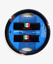 1 Mexico Flag Steering Wheel Cover and 2 Seat Belt Covers