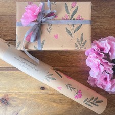 Valentine's Wrapping Paper Pink Flowers & Hearts KRAFT Eco Gift Wrap Sheet Roll