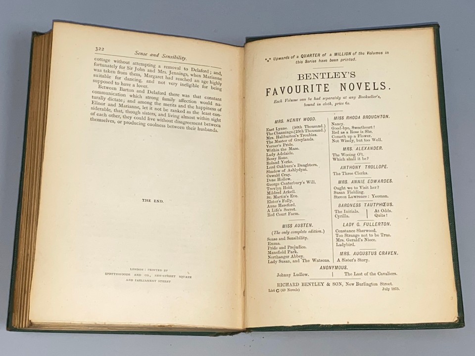 SENSE AND SENSIBILITY - Jane Austen [Bentley 1875] original cloth ...