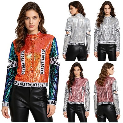 Frauen Bomber Bühnenoberbekleidung Jacke Baseball Mantel Stehkragen Sweatshirts
