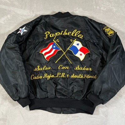 Vintage 90s Souvenir Satin Bomber Jacket Mens L/XL Puerto Rico Panama Embroidery