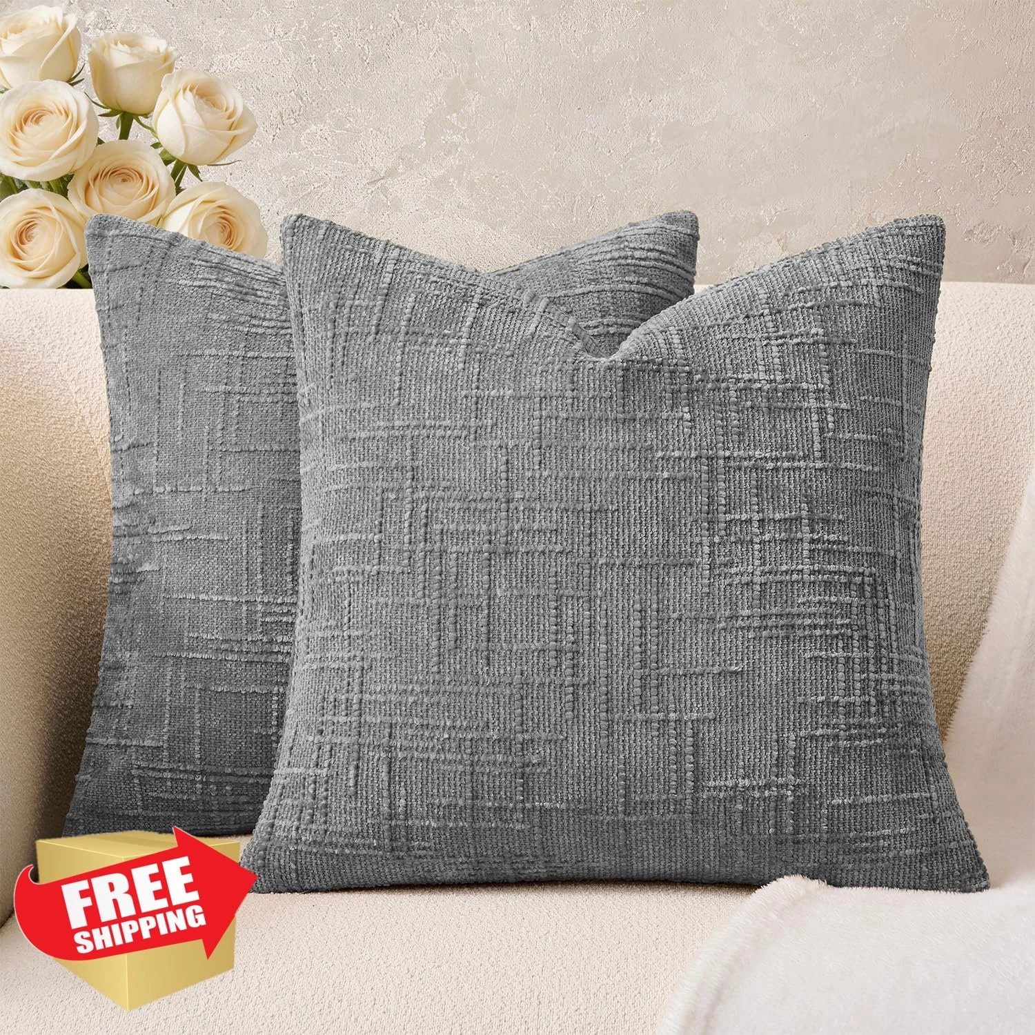 GriNeed Grey Chenille Pillow Covers Set 2 20x20 Inch