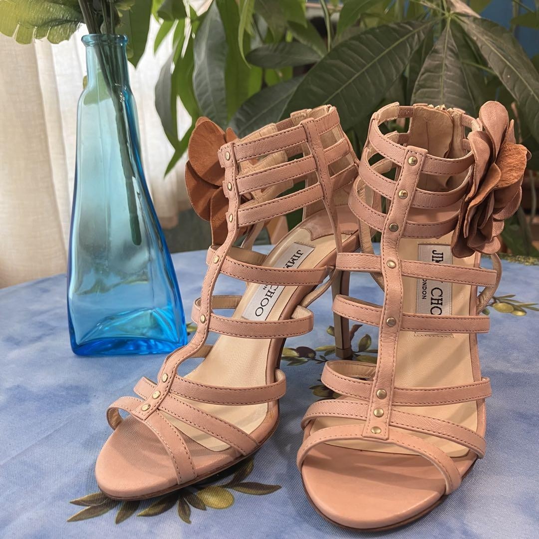Jimmy Choo Mules Sandals Heel Flower Leather Pink EU34.5 US4