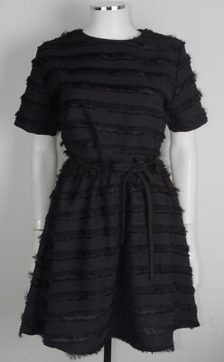 H&M BLACK SLUB STRIPED JACQUARD-WEAVE FRINGE CROP TOP SKIRT