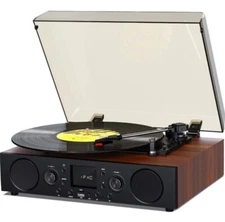 Vinyl Record Player Bluetooth with Speakers USB Recording FM Radio, 3 Brown
