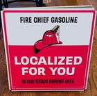 Texaco FIRE CHIEF GASOLINE Metal Topper Sign LOCALIZED FOR YOU Fireman's Hat VTG