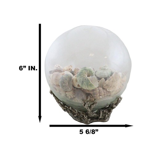 Nautical Marine Sea Shells Glass Globe Ball On Silver Coral Reef Metal Sculpture - 第 2/9 張圖片