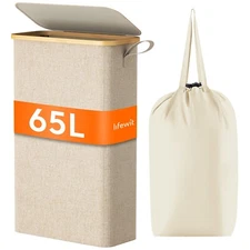 Slim Laundry Hamper with Lid, Narrow Laundry Basket with Bamboo Handles