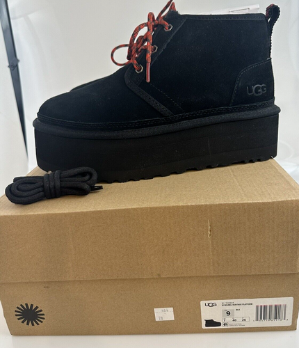 UGG Women's Size 9 Neumel Heritage Lace-Up Platform Chukka Boot Black NEW In Box