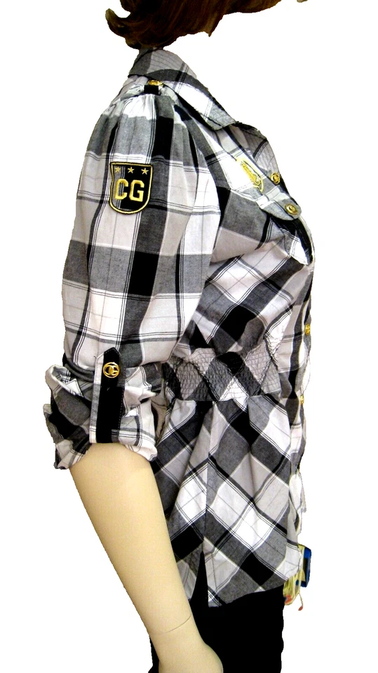 Camisa COOGI para mujer talla M blanca negra a cuadros a presión lengüeta enrollable mangas largas nueva Foto 4 de 4
