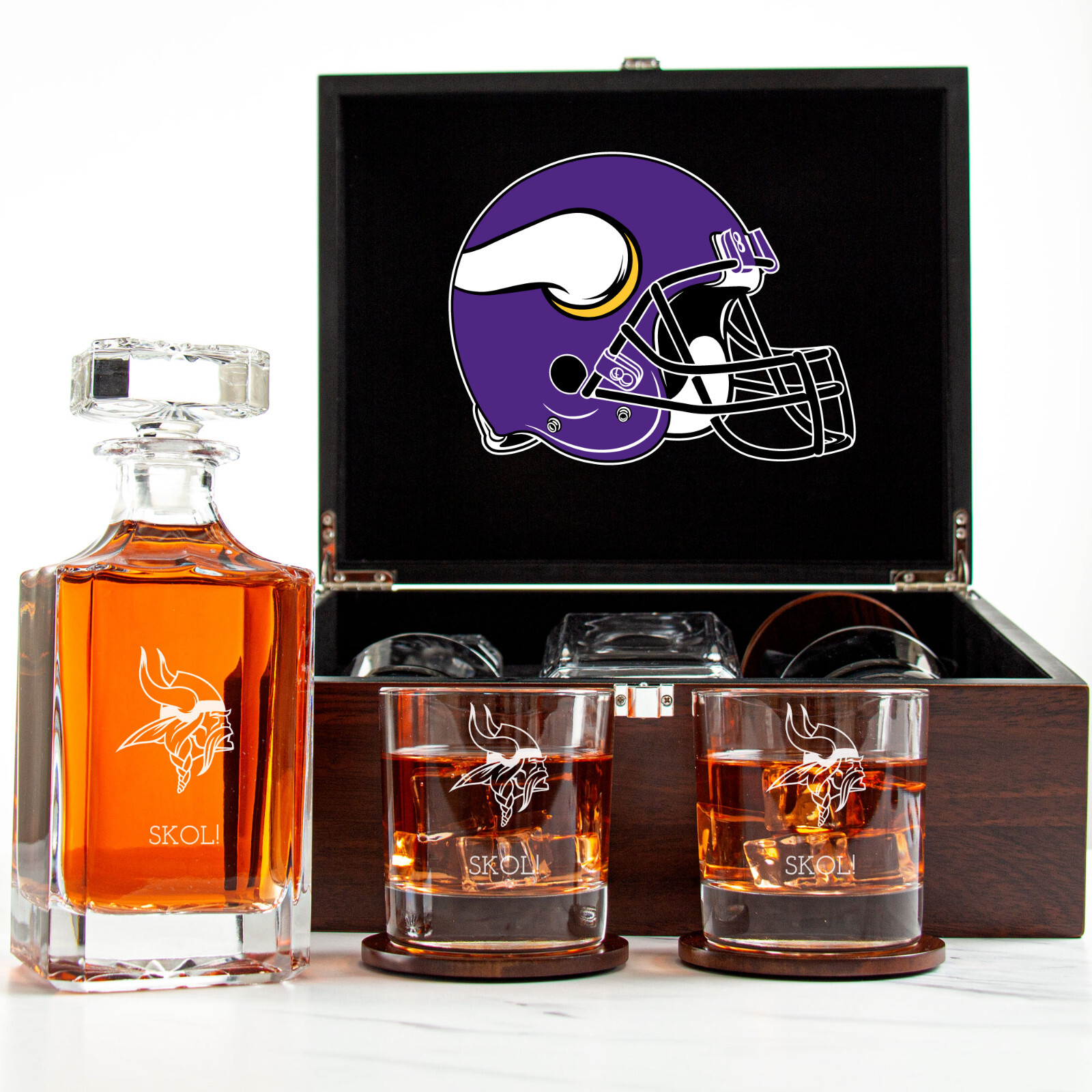 Minnesota Vikings Football Whiskey Decanter Set with 2 Glasses in Wooden Gift Box