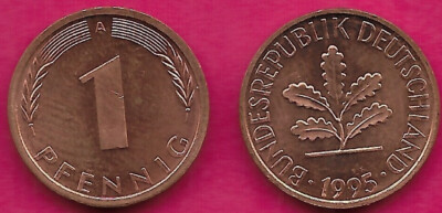 GERMANY FEDERAL 1 PFENNIG 1995-A UNC OAK SEEDLING ABOVE THE DATE CIRCULAR LEGEND