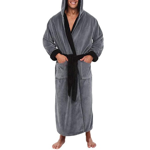 Men Long Dressing Gown Fleece Hooded Towelling Bath Robe Warm Lounge Nightgown - Picture 14 of 26