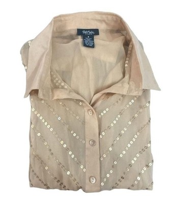 Bob Mackie Studio Champagne Silk Sequin Embellished Button-Down Blouse