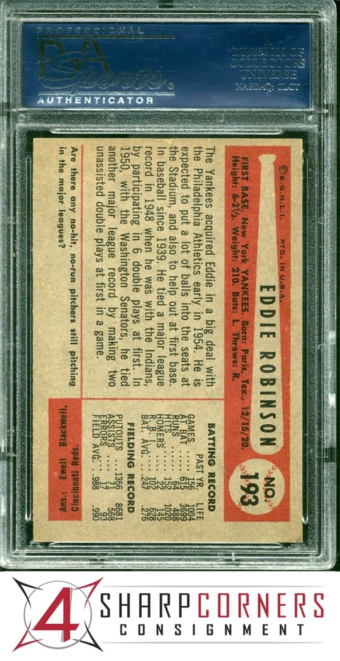 1954 BOWMAN #193 EDDIE ROBINSON YANKEES PSA 6 - Image 2 of 3