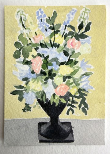 ACEO Original Watercolor Pastel Bouquet Peach Roses Delphinium jentingting