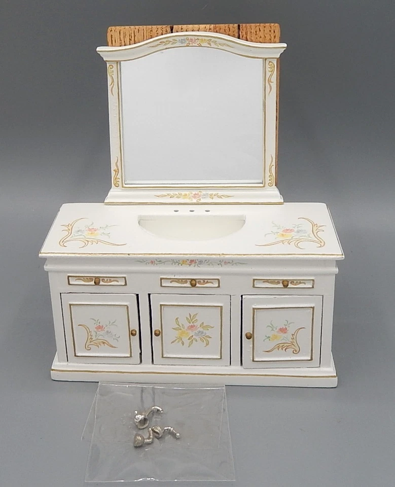 Fregadero de tocador vintage JBM antiguo pintado a mano con espejo casa de muñecas miniatura 1:12 Foto 2 de 4