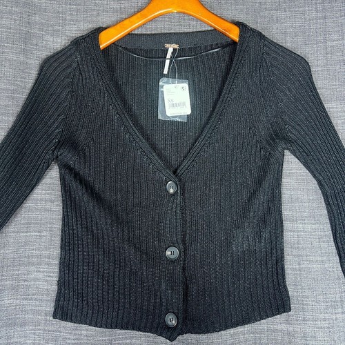 NWT Women's Free People Black V-Neck Ribbed Knit Cardigan Sweater Sz XS - Picture 4 of 10