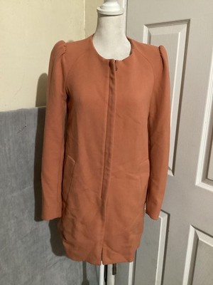 Zara Woman Coat Womens Extra Small Orange Puff Shoulder Collarless Hidden Zip