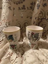Vintage Set of 2 Rooster Chicked Hand Painted Double Egg Cup Japan