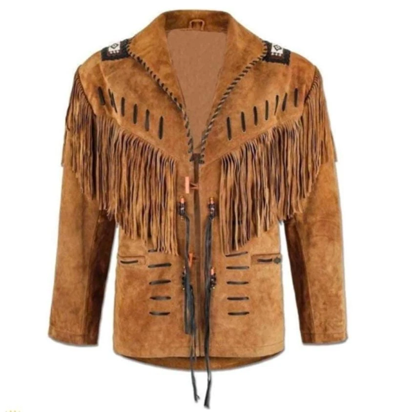 Men Western Cowboy Suede Fringe Jacket Beaded Native American Leather Jacket