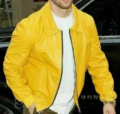 Men's Genuine Leather Yellow Lambskin Stylish Classic Biker Jacket Motorcycle