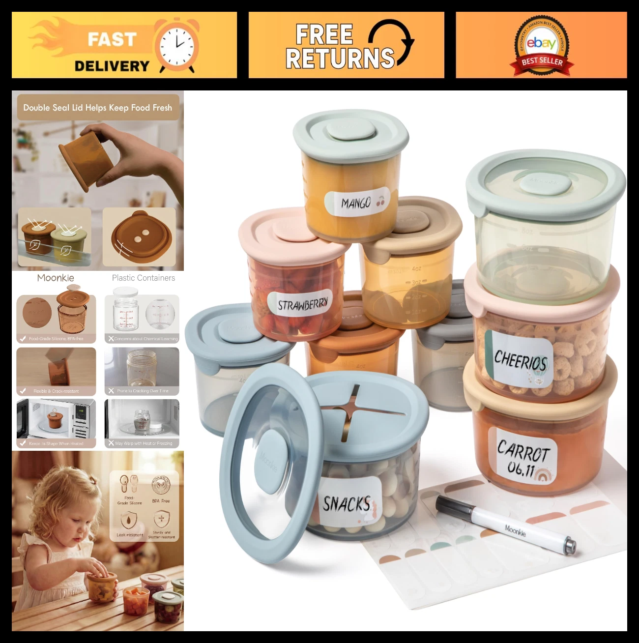 Silicone Baby Food Storage Containers - 8oz & 4oz Jars with Airtight Lids, Freez