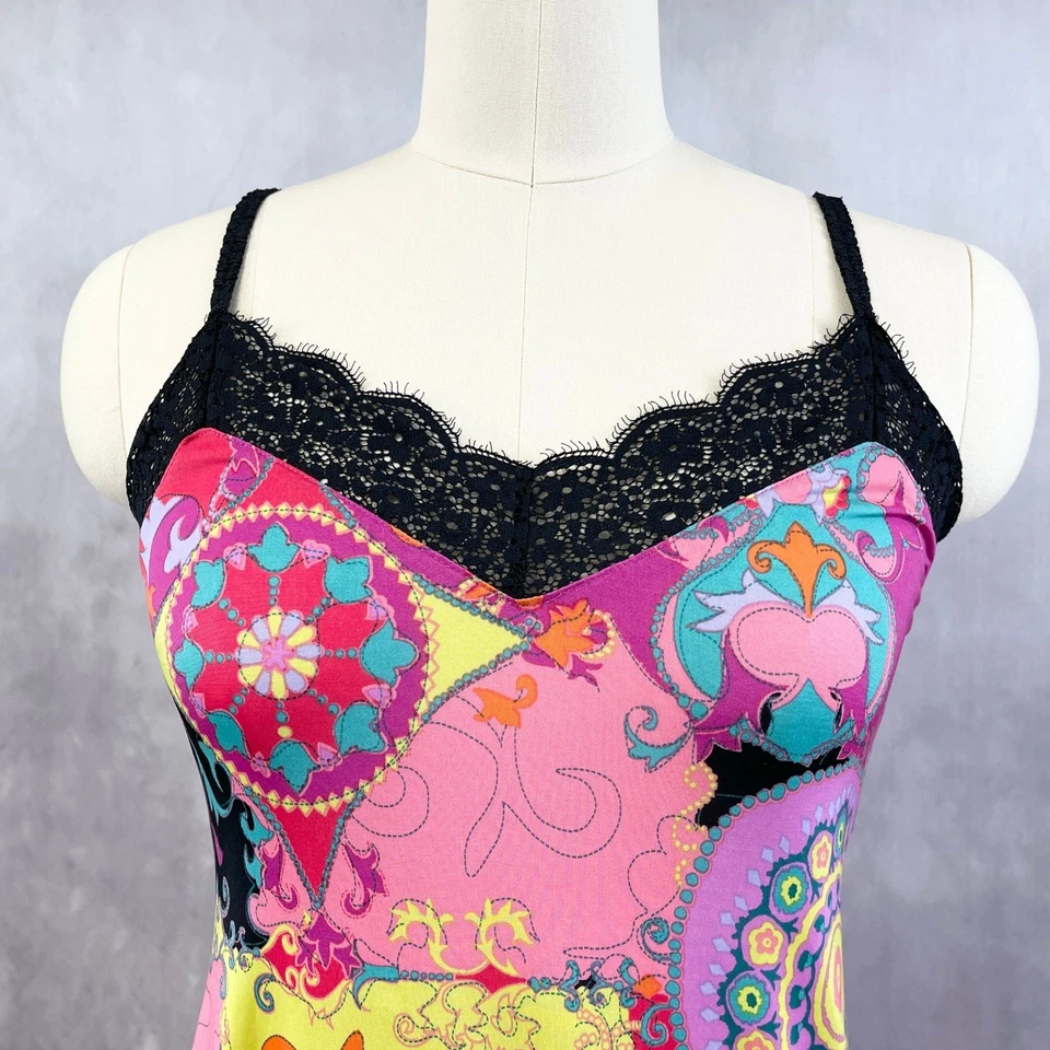 Vestido sin Mangas Josie Natori Para Mujer Cami Satinado Encaje Boho Y2K Festival Bloques de Colores Foto 2 de 4