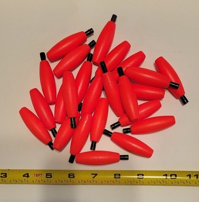 24 Fishing Floats, 2'' BRIGHT RED Cigar Shape Styrofoam, Plastic Peg with hole