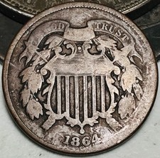 1864 Two Cent Piece 2C Civil War Date Large Motto US Copper Coin CC29069