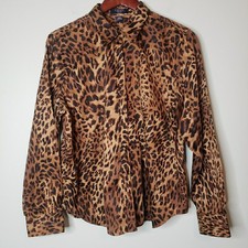 Chaps Womens Button Up Dress Shirt Sz Petite XL Long Sleeve Leopard Animal Print