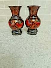 Set of 2 Chinese Asian Small Wooden Painted Lacquer Vases