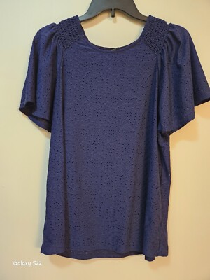 W5 Concepts Women's Navy Blue Eyelet Short Sleeve Blouse Top Size XL 