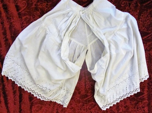 Antique Split Leg Bloomers Open Crotch Pantaloons White Lace Handmade 25" Waist - Picture 6 of 10