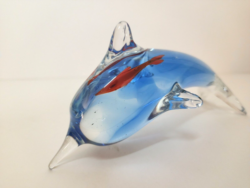 Art Glass Blue Narwhal with Orange Fish inside Paperweight Figurine - Picture 2 of 9
