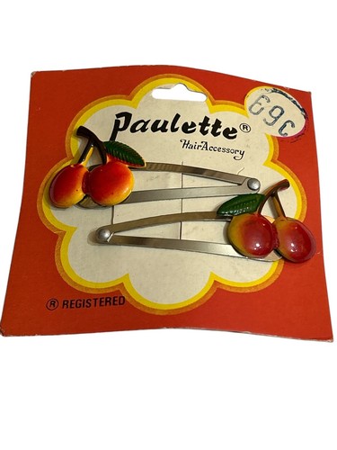 1960s Vintage New Old Stock Cherry Fruit Bobby Pins By Paulette Grips Hair Slide - Picture 2 of 7