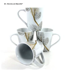 St. Nicholas Square PINE BOUGHS & CONES 12oz Mug Set 4Pc Silver Gold Pinecone