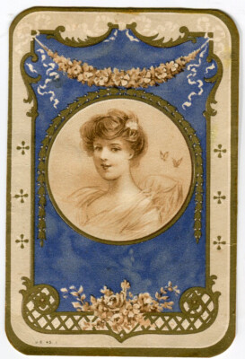 Oblaten scrap  chromo Karte Jugendstil Medaillon Portrait Dame  9,8 cm