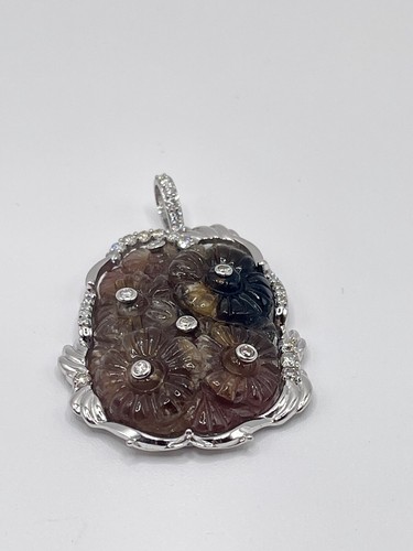 14k White Gold Natrual Tourmaline Flower Pendant 11.4g, 1.25inches, W/Diamonds - Picture 5 of 10