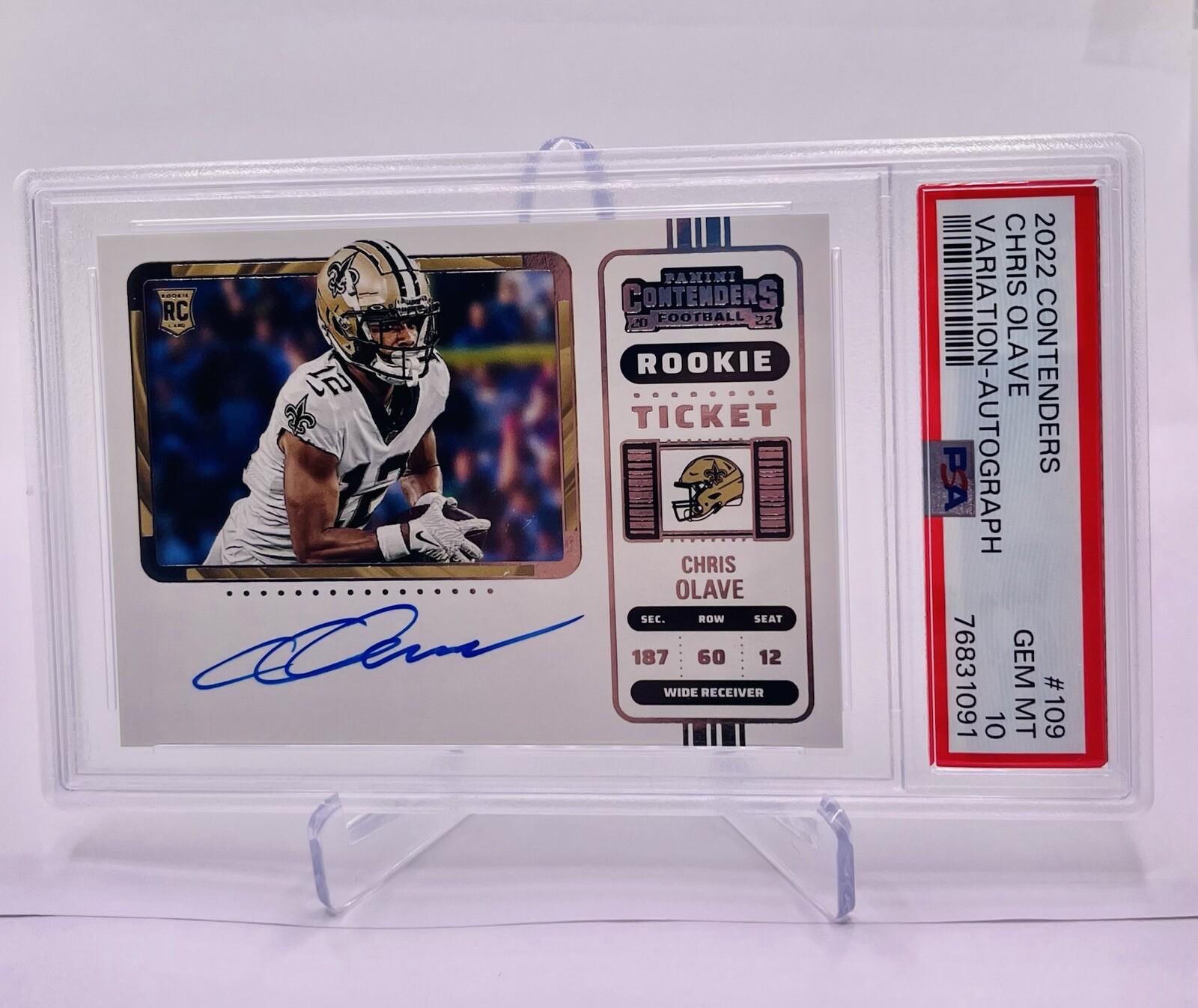 Chris Olave 2022 Panini Contenders #109 Rookie Ticket RC Variation Auto PSA 10