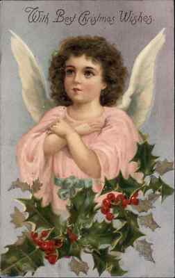 Christmas Beautiful Angel Child w/ Holly c1910 Postcard