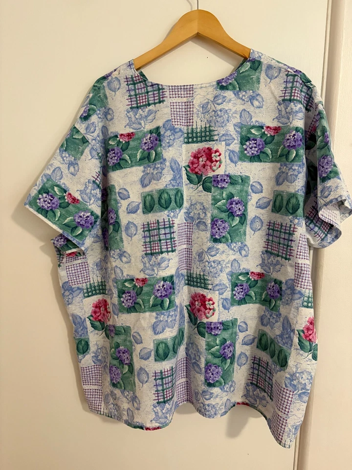 Handmade Blue & Pink Floral Women’s Plus Size 2X V-Neck Scrub Top-EUC - Image 2 of 4