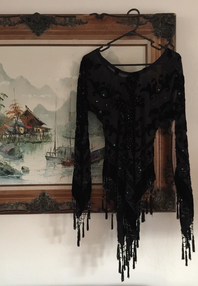 Blusa Jinjiao Vintage S/M 25% Seda Top Transparente Cuentas Flecos Lentejuelas Foto 3 de 4