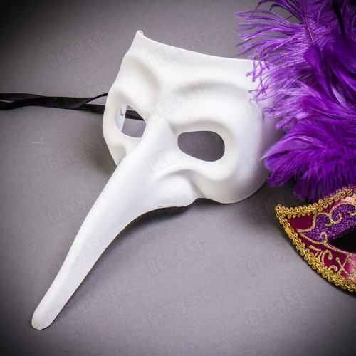 Masks for Couple Cosplay Masquerade Party White Long Nose Bird Feather Mask Gold - Picture 2 of 3
