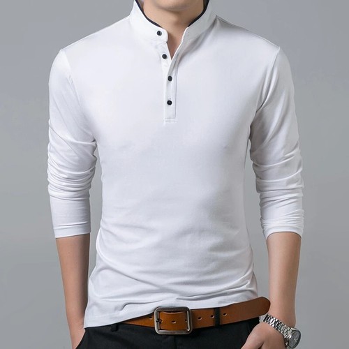 New Men Round Neck Long-sleeved T-shirt Pure Color Casual Business Work Fashion - Picture 8 of 16