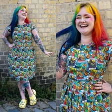 RUN AND FLY Tarot Dinosaur Print Cotton Tea Dress 8-26 Pockets Quirky Alt Witchy