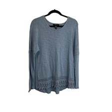 Style & Co Light Blue Long Sleeve Crochet Hem Boho Top Blouse Womens Size L